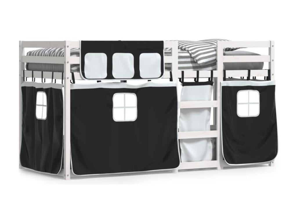 Bunk bed with black and white curtains, 90x190 cm, solid pine wood, SOBJ95867
