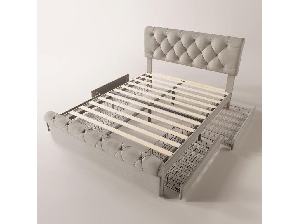 Bed frame, upholstered bed, height-adjustable headboard, Lysvia Natural functional bed 140x200cm with 4 drawers (mattress not included) PVQT36717