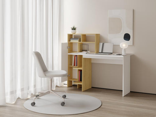 Desk with 1 cupboard and 4 niches - White and natural - Lysvia LRYP58310