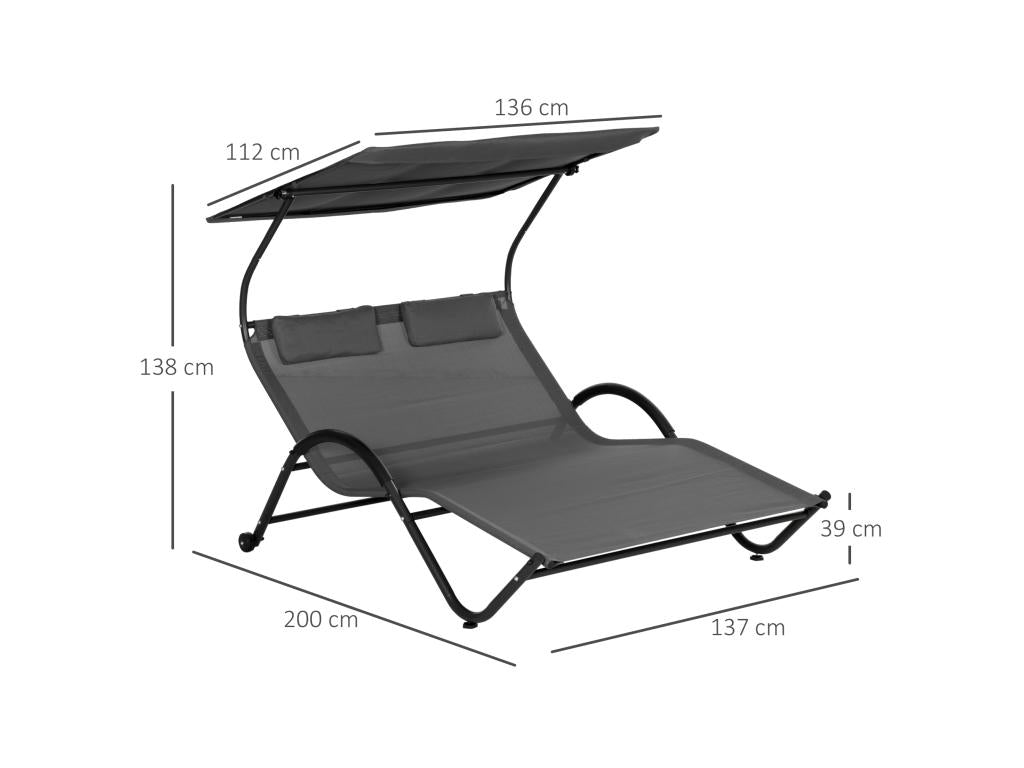 2-seater sun lounger, contemporary design garden bed, adjustable canopy, steel headrests, epoxy polyester, grey YTYP36735