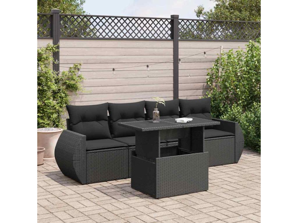 5-piece garden furniture set with cushions, black woven resin KGXH54384
