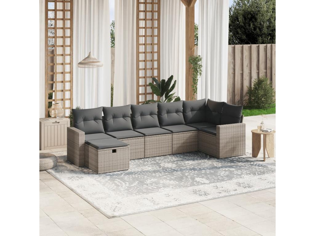 7-piece garden furniture set with cushions, grey woven resin YNMY56617