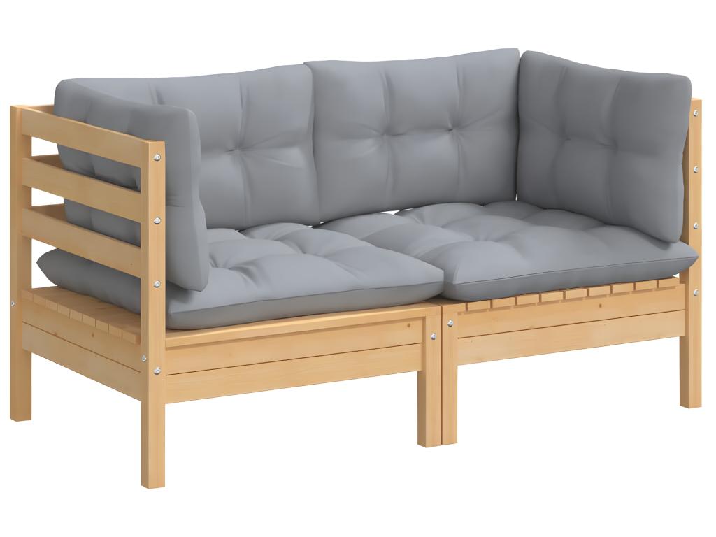 2-seater garden sofa and grey cushions, solid pine wood QLBY02307