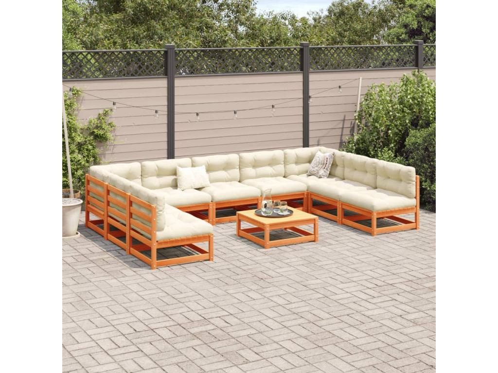 10-piece garden furniture set with cushions, brown wax finish, solid pine wood SQTS21982
