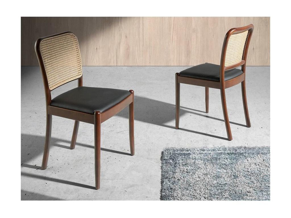 Lysvia rattan chair in black faux leather and ash wood - Set of 2 - Color: Lysvia 90 Black AUJU00089