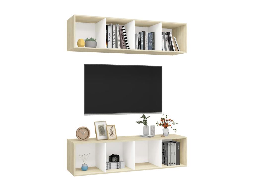 2-piece wall-mounted TV unit, white and oak engineered wood, HZDZ61461