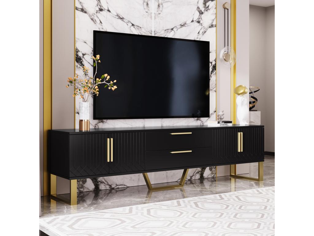 High-gloss black TV stand with engraved pattern, gold handles and legs, 170x40x53cm, BLACK HNVZ67025