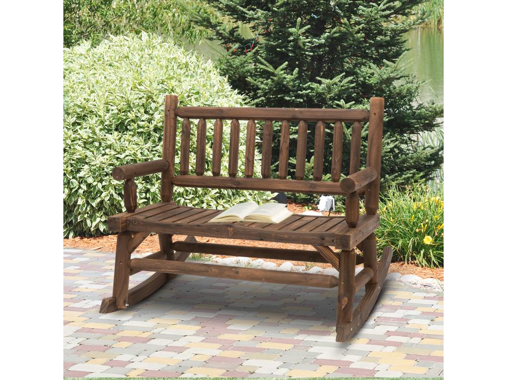 2-seater garden rocking bench, rustic style, log-effect backrest and armrests, carbonized treated fir seat BVAF23141