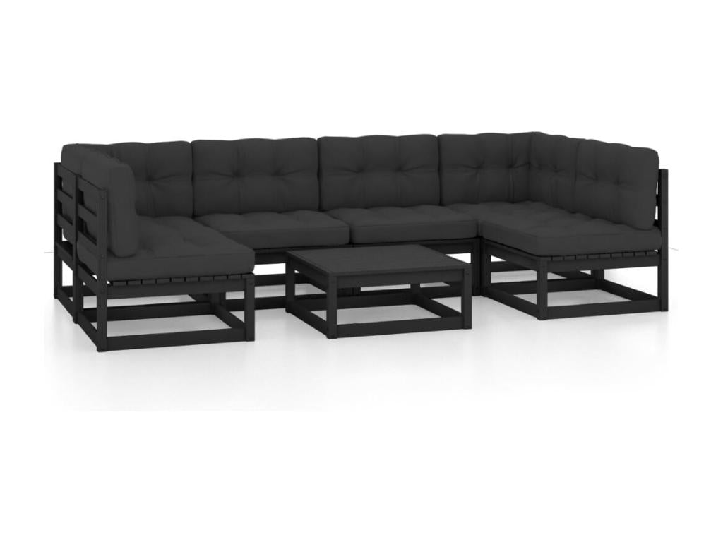 7-piece garden furniture set with cushions, black solid pine wood HMCW83665