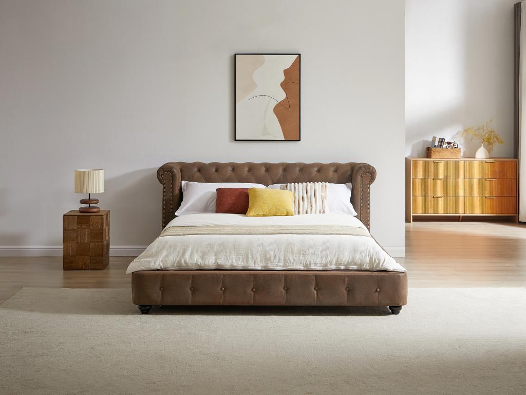 160x200 cm bed - Aged leather-effect fabric - Brown - Elariva NGDB89105