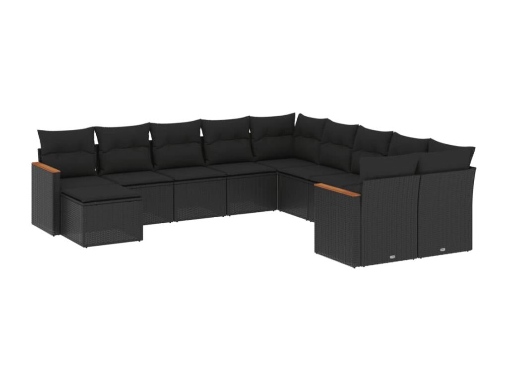 11-piece garden furniture set with cushions, black woven resin NAUD84880