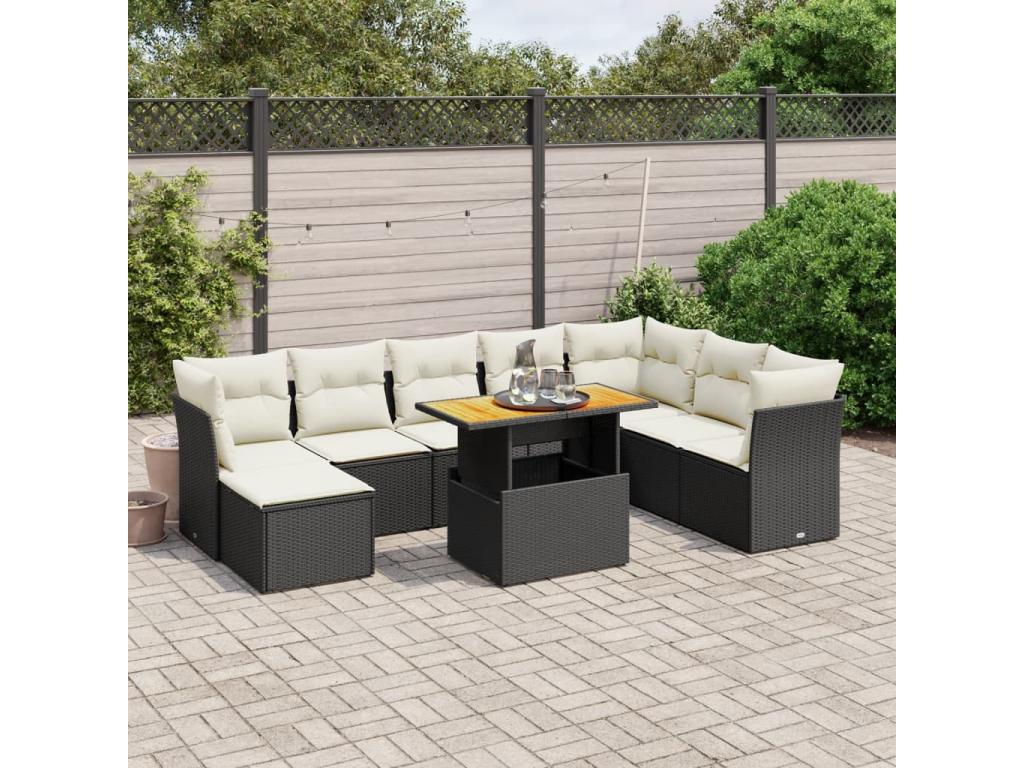 9-piece garden furniture set with cushions, black resin wicker WRCD80393