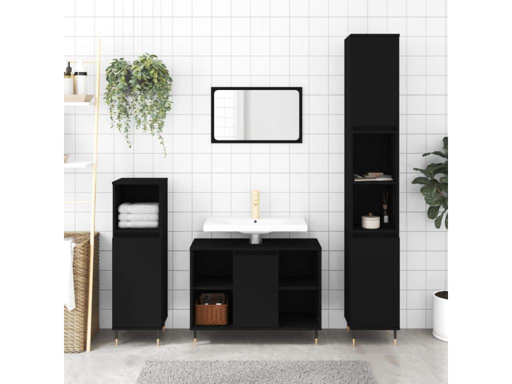 Black bathroom cabinet 30x30x100 cm engineered wood NDXQ94886