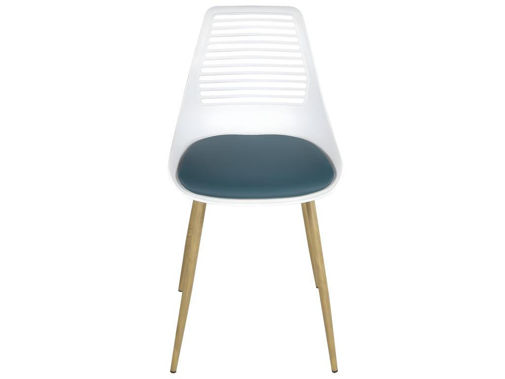 Set of 2 kitchen chairs with openwork backrest, faux leather cushion, and light wood-tone metal legs, GEOS White Blue EPMC65243