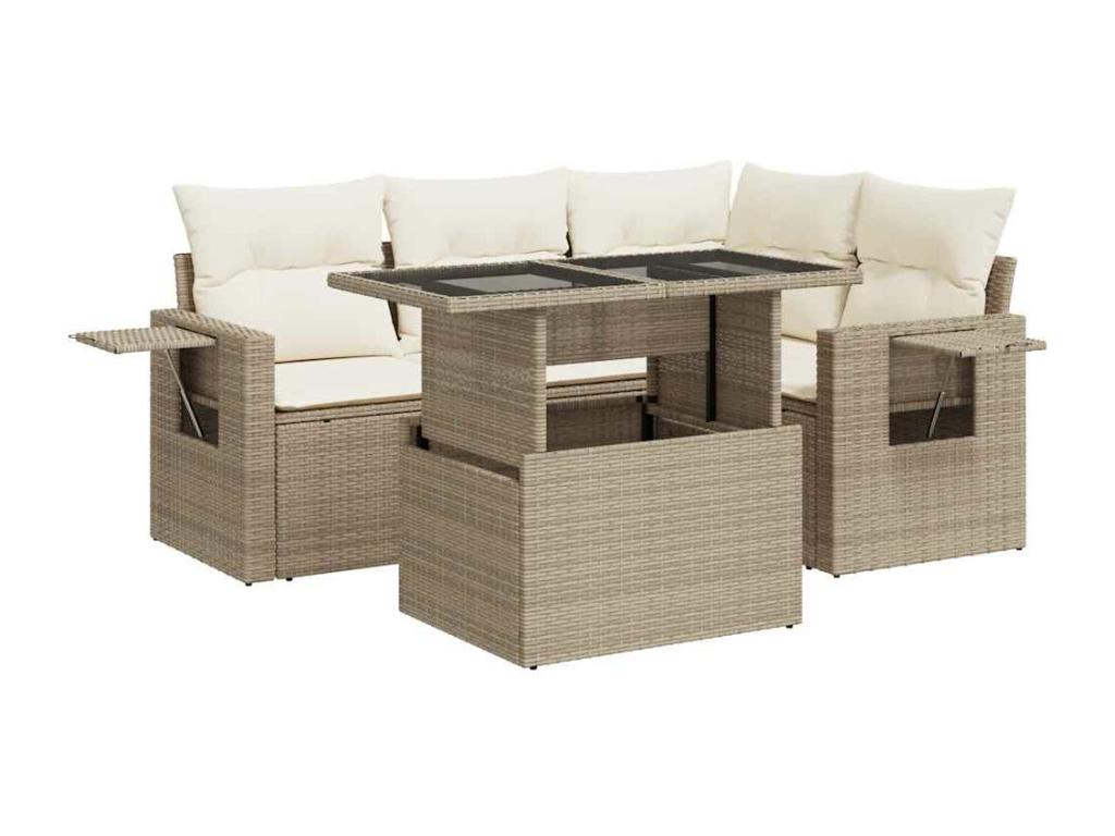 5-piece garden furniture set with cushions, beige woven resin XSXI87324