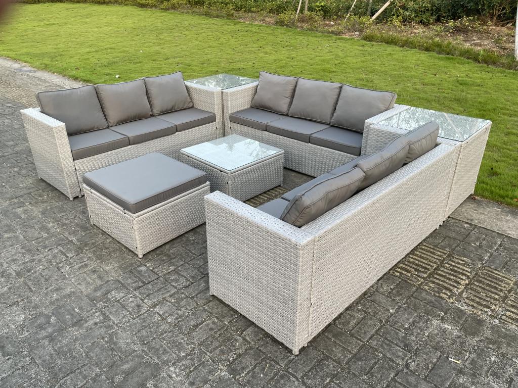 Rattan Garden Furniture with Sofa, Square Coffee Table, Stools, 2 Side Tables, Light Grey VSXK18452