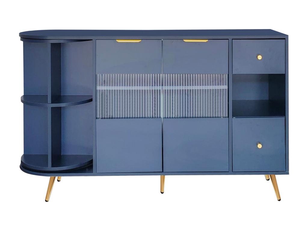Navy blue sideboard with 2 hinged glass doors, LED lighting, gold handles and feet, LED BLUE JALU06405