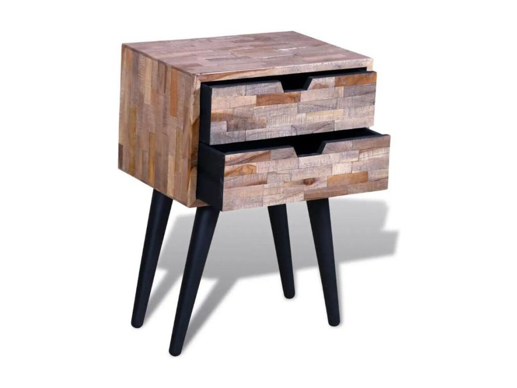 Elariva WQXA49930 Bedside Table with 2 Drawers, Light Recycled Teak and Black Metal Legs