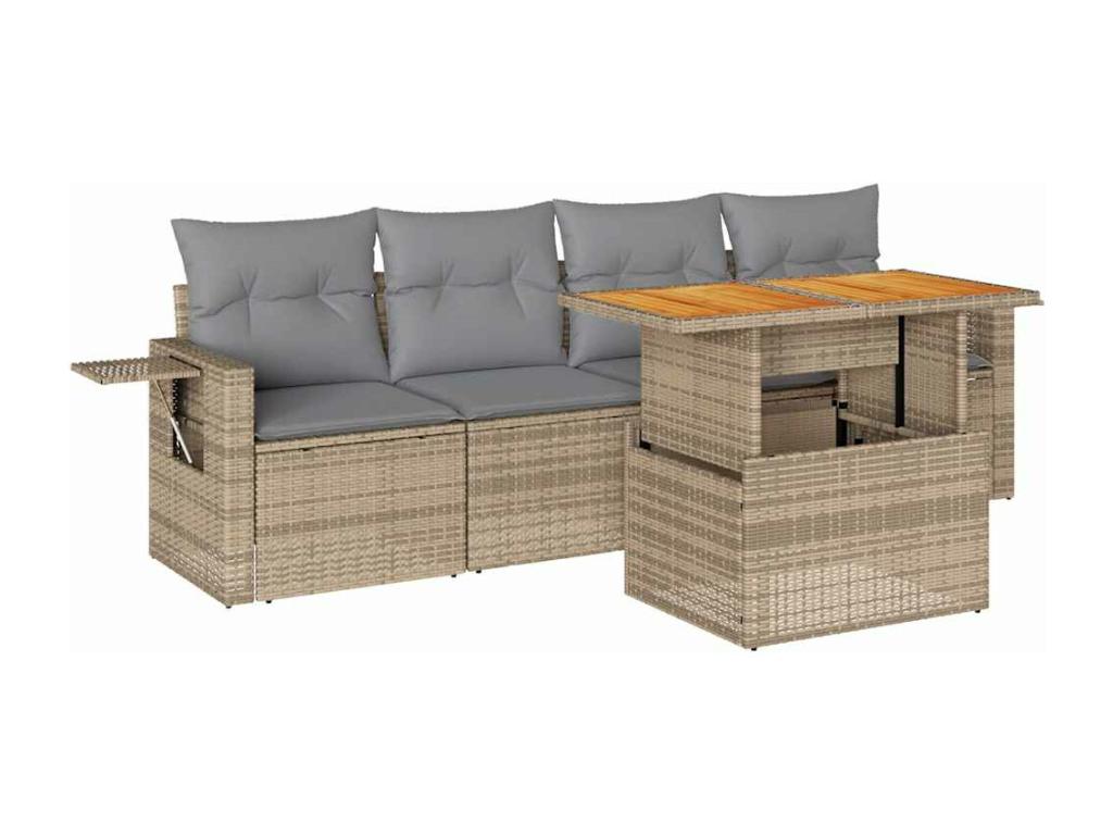 5-piece garden furniture set with cushions, beige woven resin XZGG38165