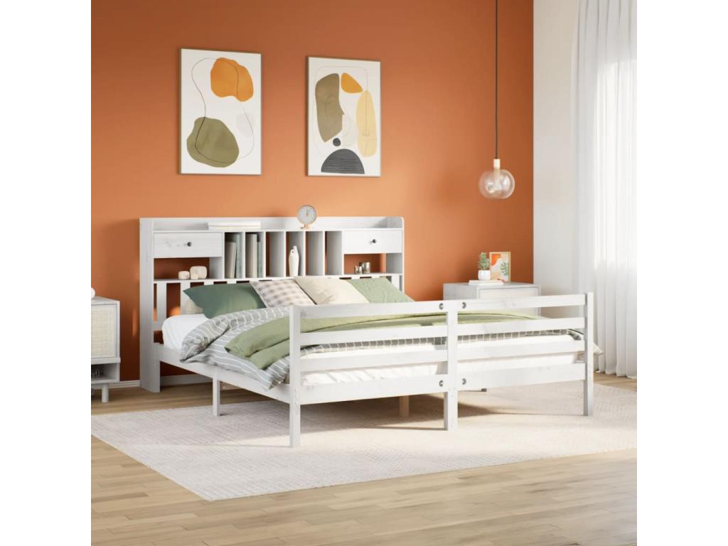 White 200x200 cm solid pine wood bookcase bed without mattress URXM04607