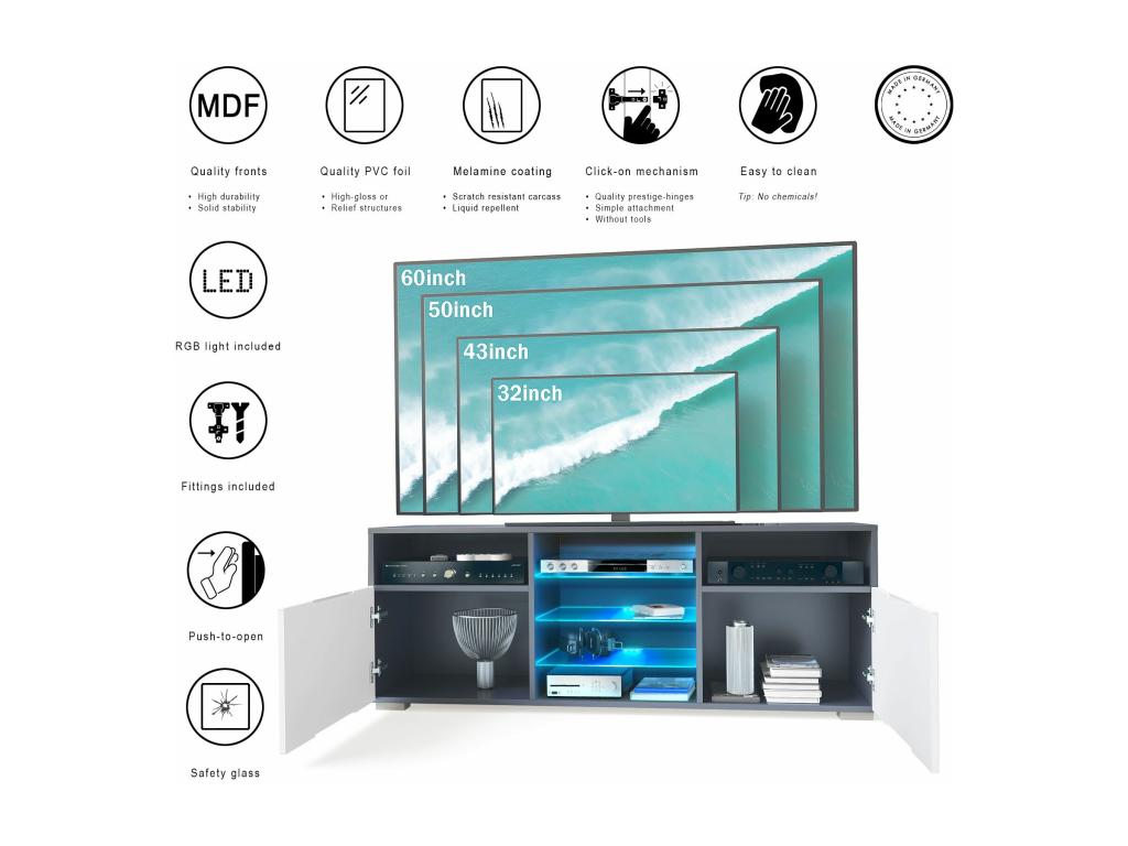 TV stand, matte grey and white lacquered finish, 146 x 54 x 35 cm, LED, KIMP77900