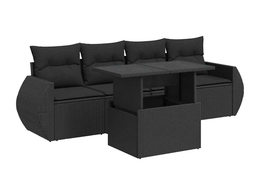 5-piece garden furniture set with cushions, black woven resin KGXH54384