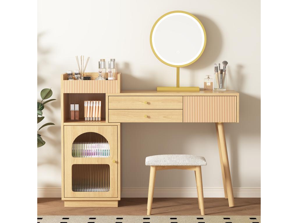 Dressing table with LED mirror, 3 drawers and side cabinet - Particleboard - Natural EPYZ69592