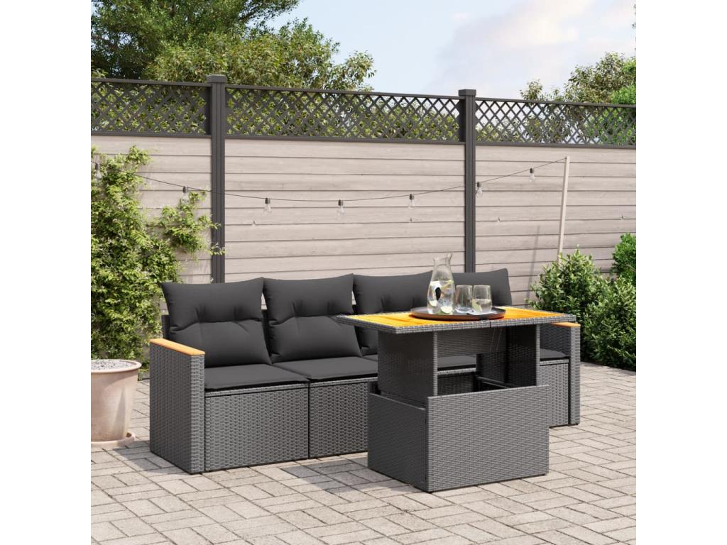 5-piece garden furniture set with cushions, black woven resin BEXX49756