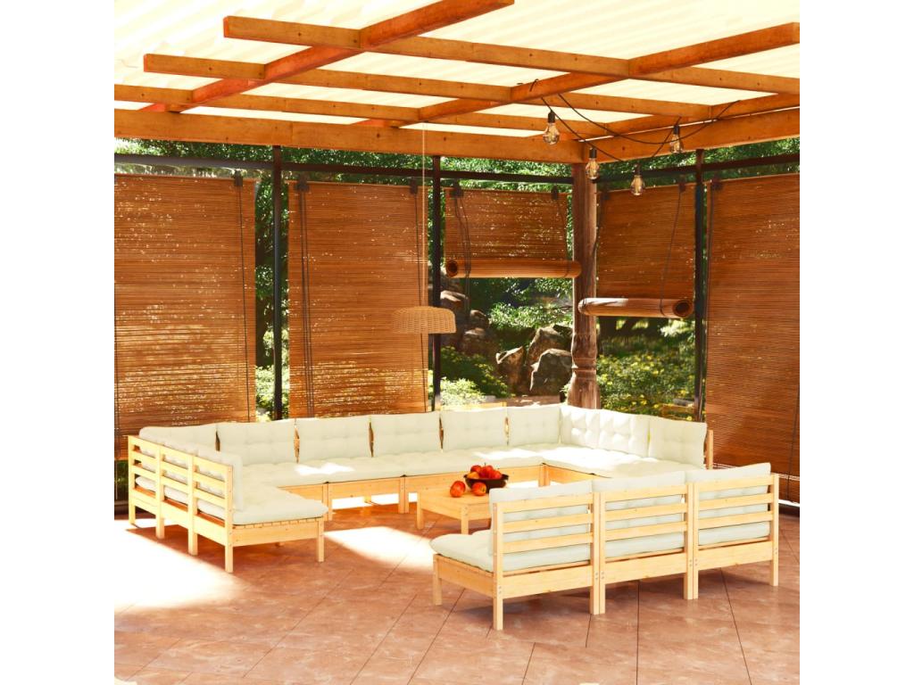 14-piece garden furniture set with cream cushions, solid pine wood, MJEX74458