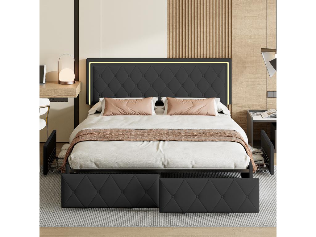 Double bed 140x200cm with LED and 4 drawers - faux leather fabric - Black YFDP80177