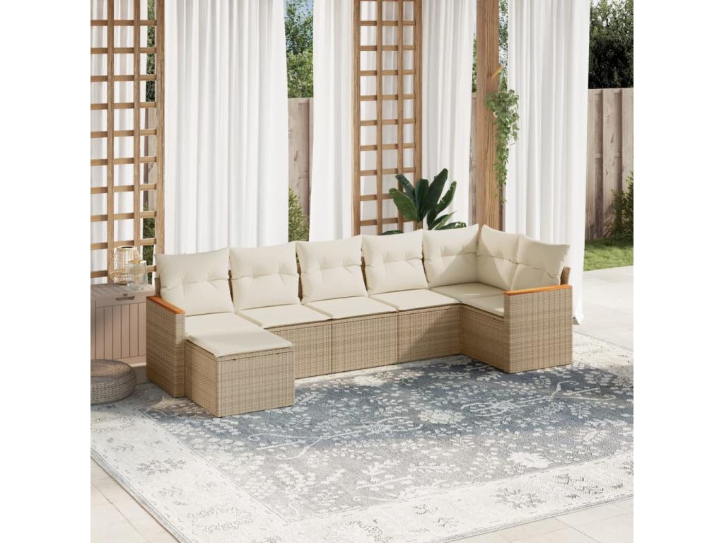 7-piece garden furniture set with cushions, beige woven resin, GDYS71556