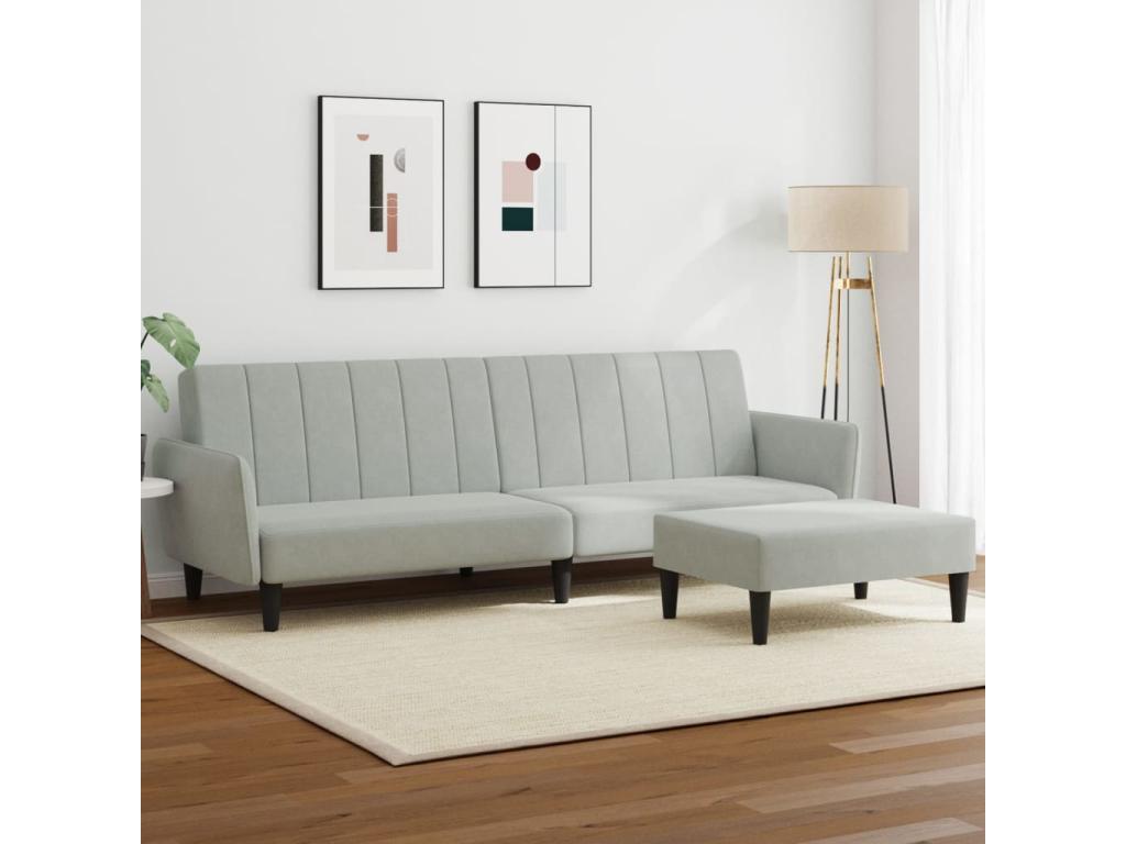 WALZ95492 2-seater sofa bed with footrest, light grey velvet