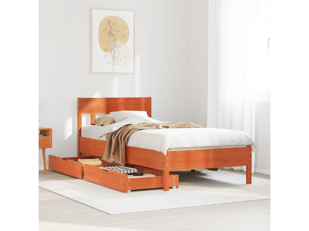 Bed frame without mattress, brown wax finish, 90x190 cm, solid pine wood, HISE73255