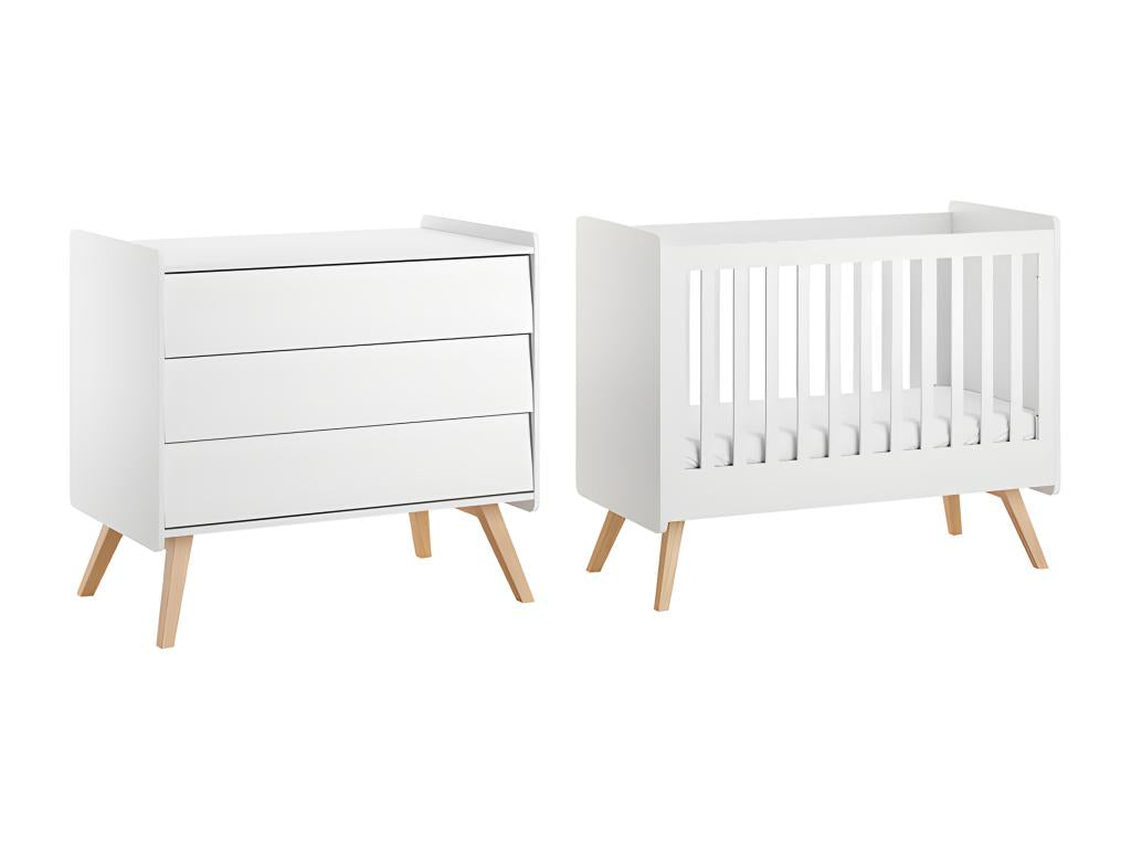 Baby cot 60x120 and 3-drawer vintage chest of drawers, white and wood, JEOL88441