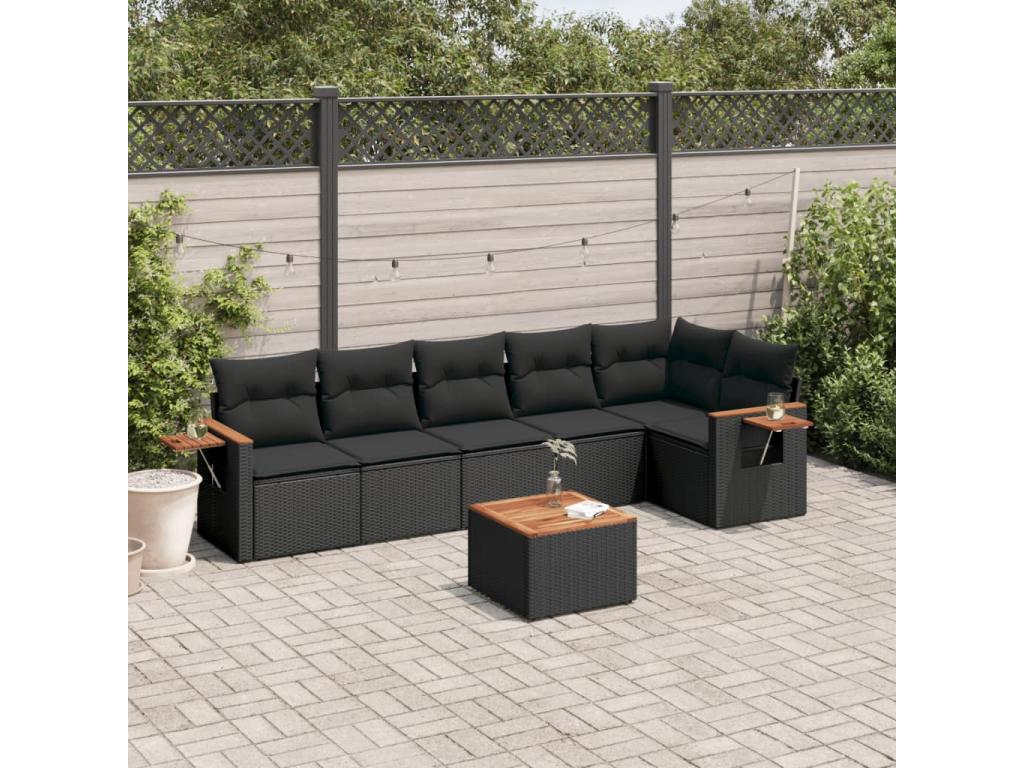 7-piece garden furniture set with cushions, black woven resin FONN82050