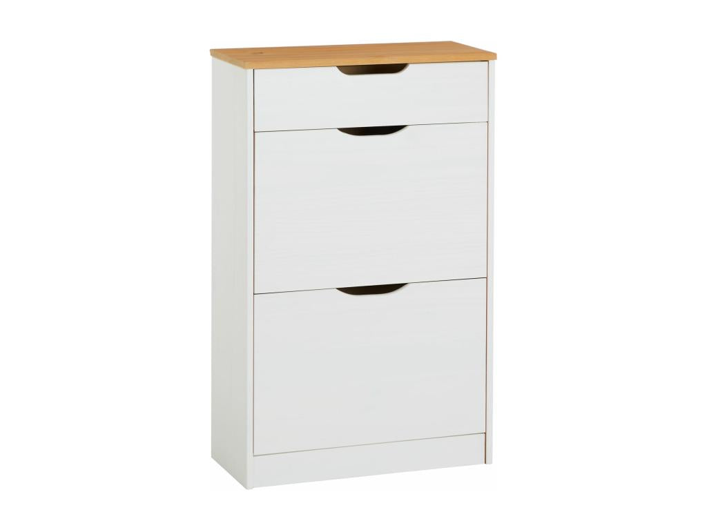 Shoe cabinet storage unit with 2 drop-down doors and 1 drawer in solid pine, white and brown stained finish CZDC48193