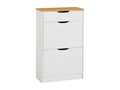 Shoe cabinet storage unit with 2 drop-down doors and 1 drawer in solid pine, white and brown stained finish CZDC48193