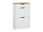 Shoe cabinet storage unit with 2 drop-down doors and 1 drawer in solid pine, white and brown stained finish CZDC48193