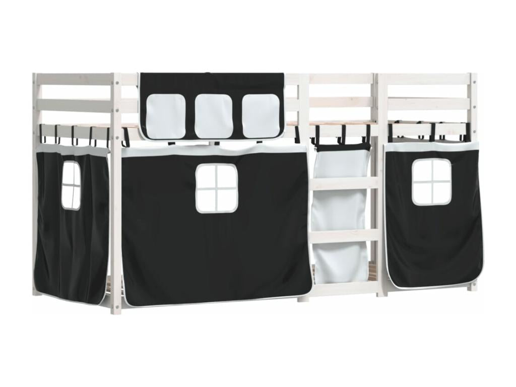 Bunk bed with black and white curtains, 90x190 cm, solid pine wood, SOBJ95867