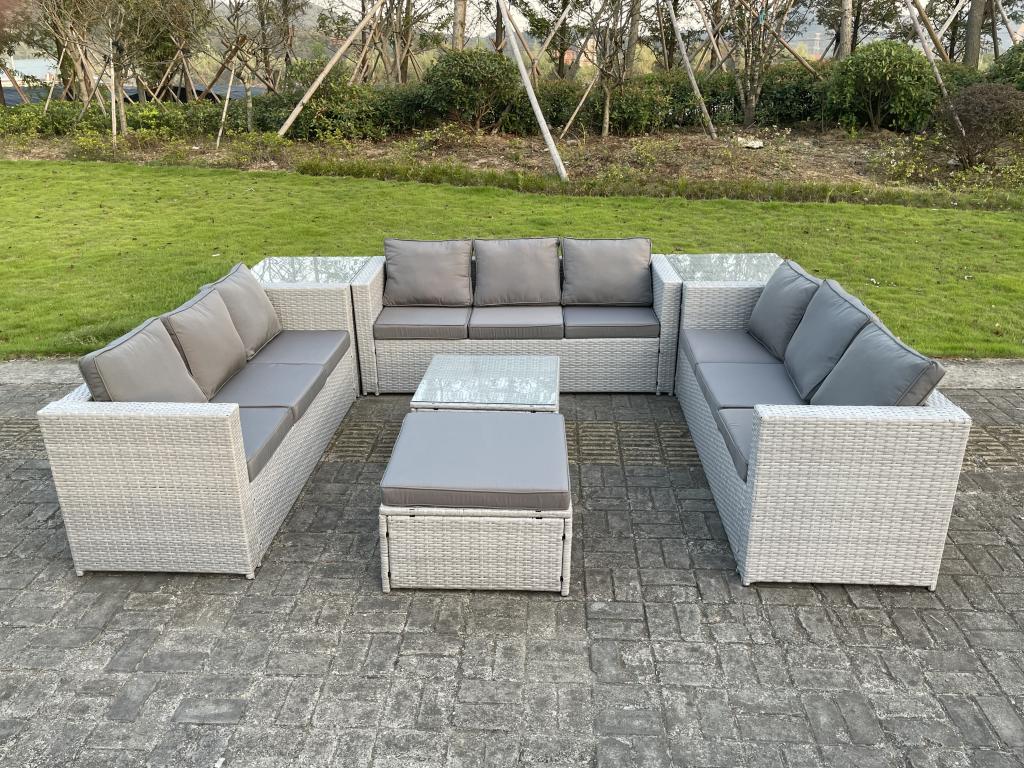 Rattan Garden Furniture with Sofa, Square Coffee Table, Stools, 2 Side Tables, Light Grey VSXK18452