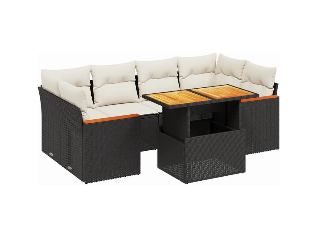 7-piece garden furniture set with cushions, black woven resin HSPD99438