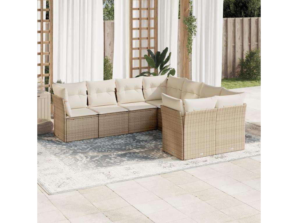 8-piece garden furniture set with cushions, beige woven resin, PGEH94774