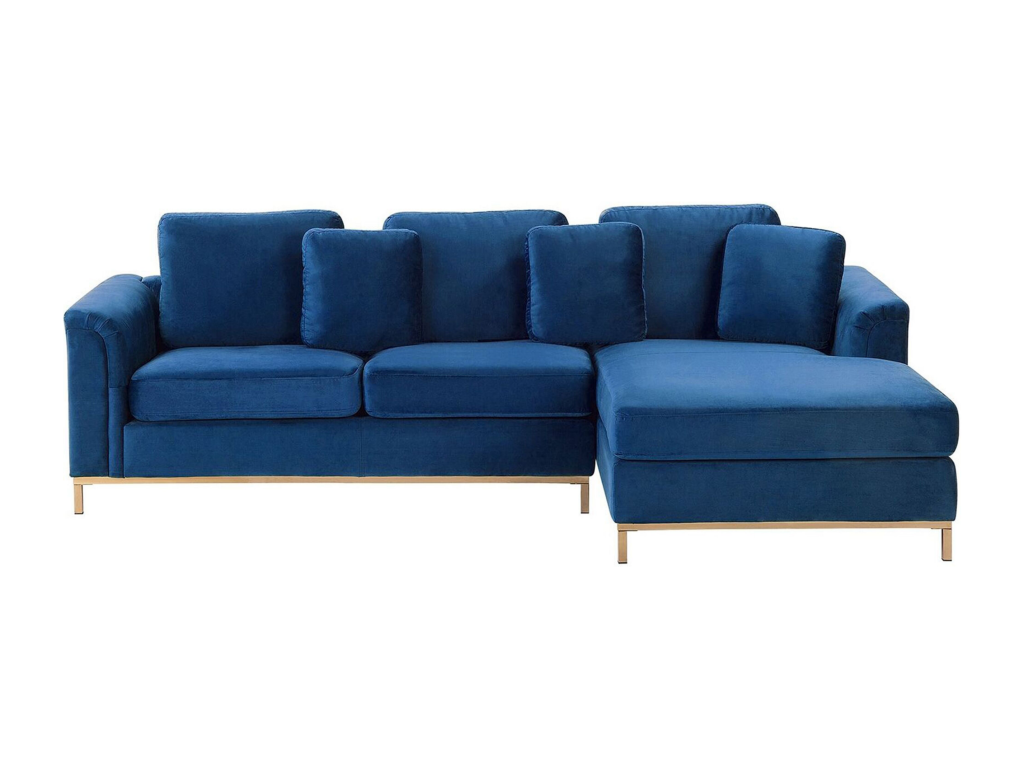 Right-hand corner sofa in dark blue velvet with quilted backrest and removable covers, Lysvia MIUC42600
