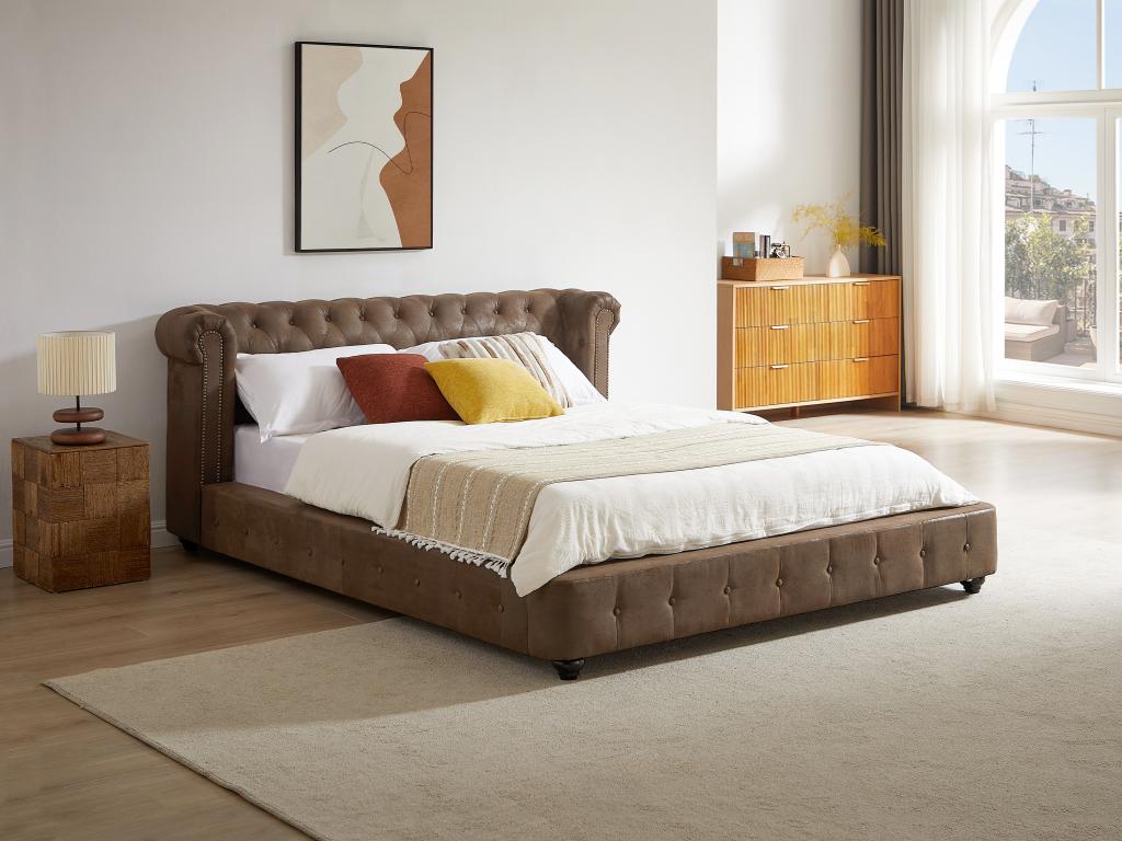 160x200 cm bed - Aged leather-effect fabric - Brown - Elariva NGDB89105