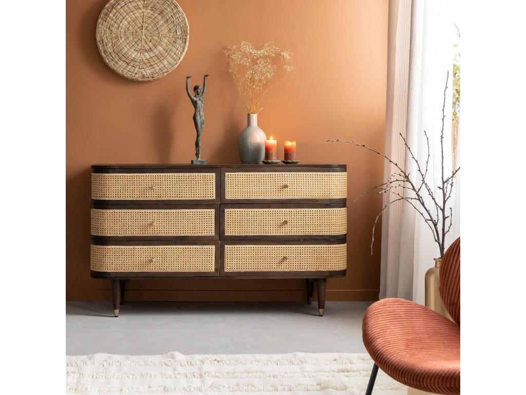 Lysvia VOPR39317 6-drawer chest in mango wood and caning