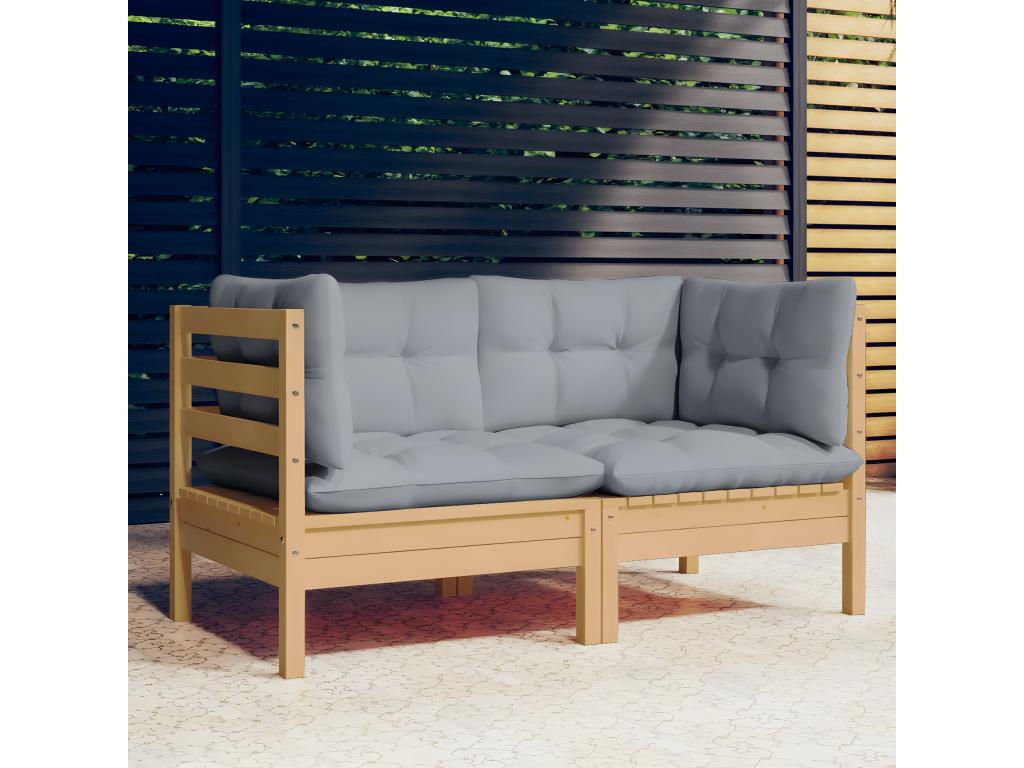 2-seater garden sofa and grey cushions, solid pine wood QLBY02307