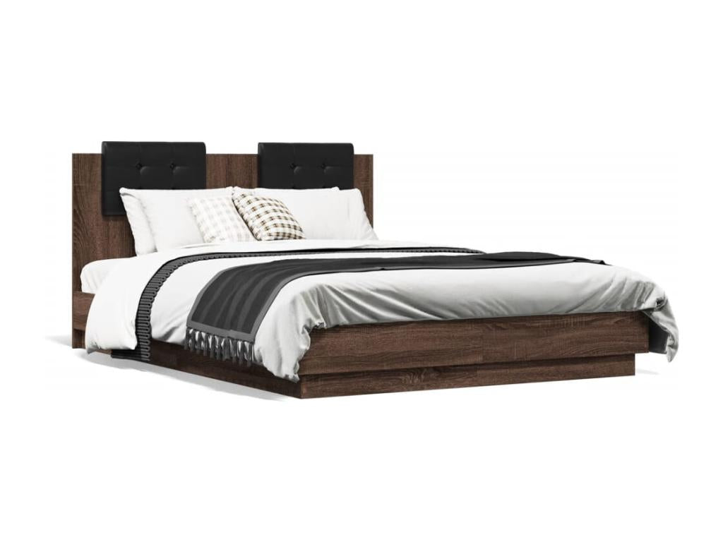 Bed frame with headboard and LED lighting, brown oak, 135x190cm PMCY58340