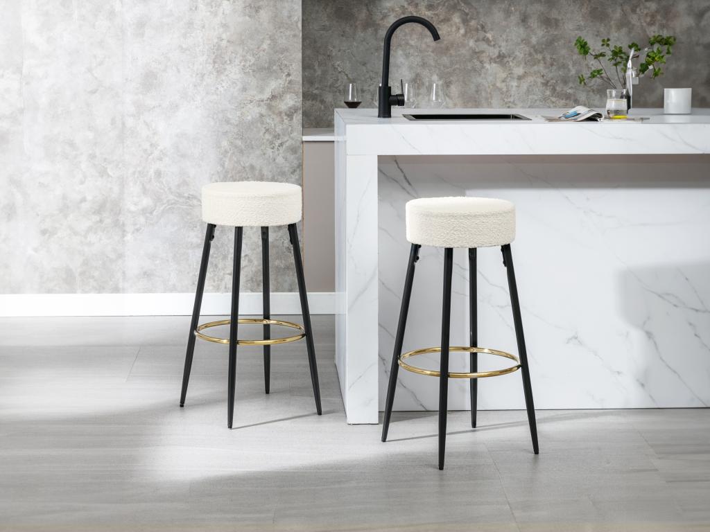 Set of 2 bar stools in bouclé fabric and black steel - White and Gold - Lysvia II QHMA64275