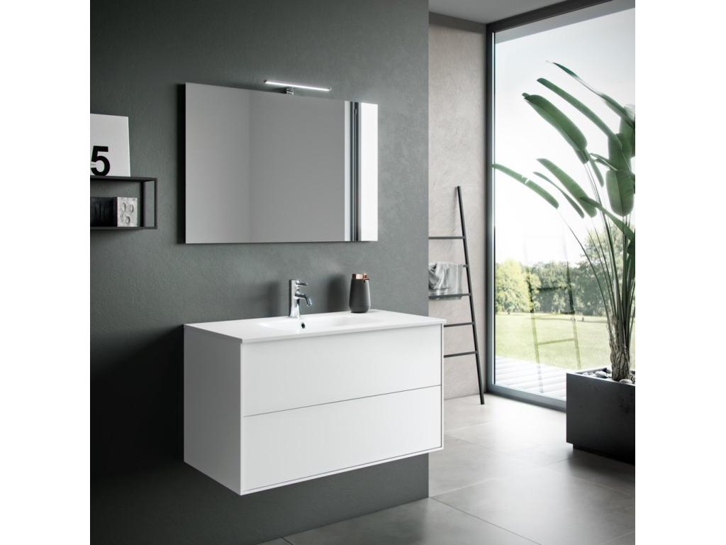 Lysvia L 100cm bathroom vanity unit with 2 drawers in matte white lacquer and LED mirror FAMJ21389