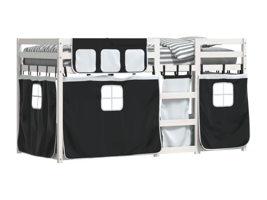 Bunk bed with black and white curtains, 90x190 cm, solid pine wood, SOBJ95867